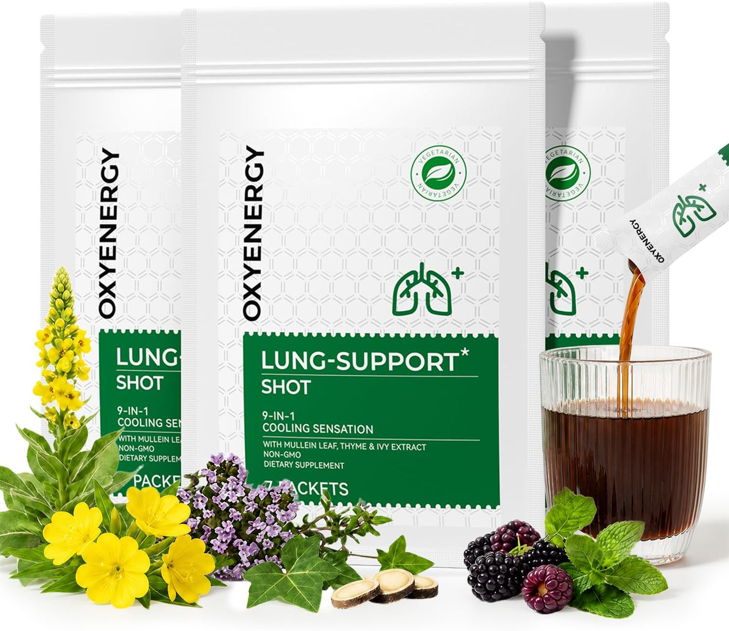 OxyEnergy Mullein Leaf Extract for Lungs, 9-in-1 Lung Detox for Smokers with Thyme, Ivy, Licorice & Quercetin, Mucus Relief, Respiratory & Immune Support, Alcohol Free, Non-GMO, 21 Sticks Mint Berry