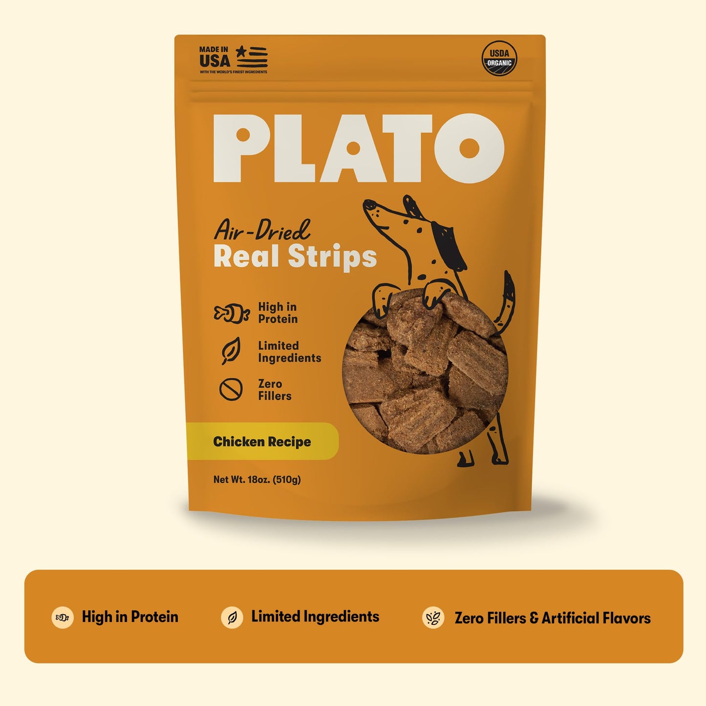Plato Real Strips Turkey & Pumpkin Recipe Dog Treats, Air-Dried High-Protein Grain-Free Soft Strips with Real Pumpkin, 18 oz
