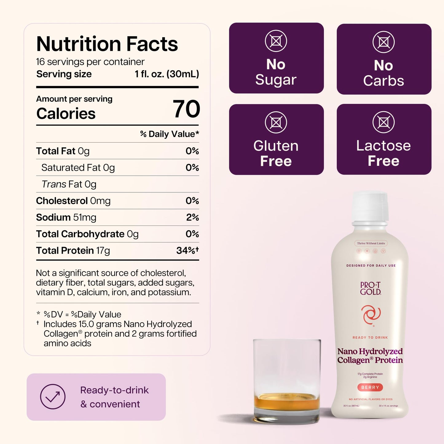 Liquid Collagen Protein Shot, Berry, 17g Protein, 24 pk | Nano Hydrolyzed Grass Fed Collagen, 0g Carbs, Hair, Skin & Nails, Amino Acids, Sugar Free, Gluten Free, 1 fl oz Shots