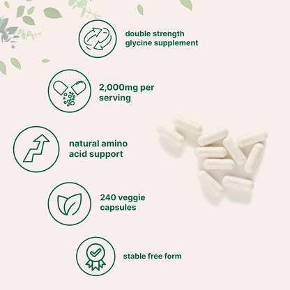 Glycine 2,000mg Per Serving, 240 Veggie Capsules | Free Form | Double Strength Amino Acids | Restful Sleep and Neurotransmitter Support Supplements | Non-GMO, Gluten Free