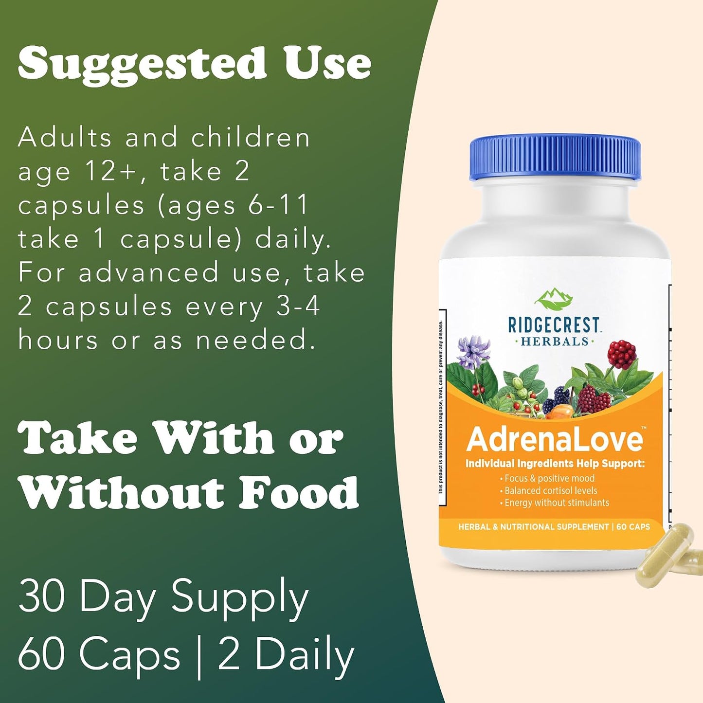 RidgeCrest Herbals AdrenaLove Adrenal Stress and Energy Support 60 Ct | 30 Servings, Vegan Capsules, Ashwagandha Blend, Natural Energy and Mood Support, Adaptogen Formula, Cortisol Balance