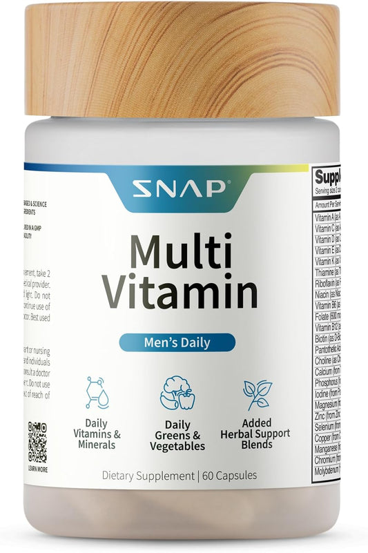 Snap Supplements Men's Daily Multivitamins, 60 Capsules, 30-Day Supply | Daily Vitamins & Minerals for Men - Vitamin D, B12, Zinc, Herbs & Vitamin C for Energy & Immune Support, Multivitamin for Men
