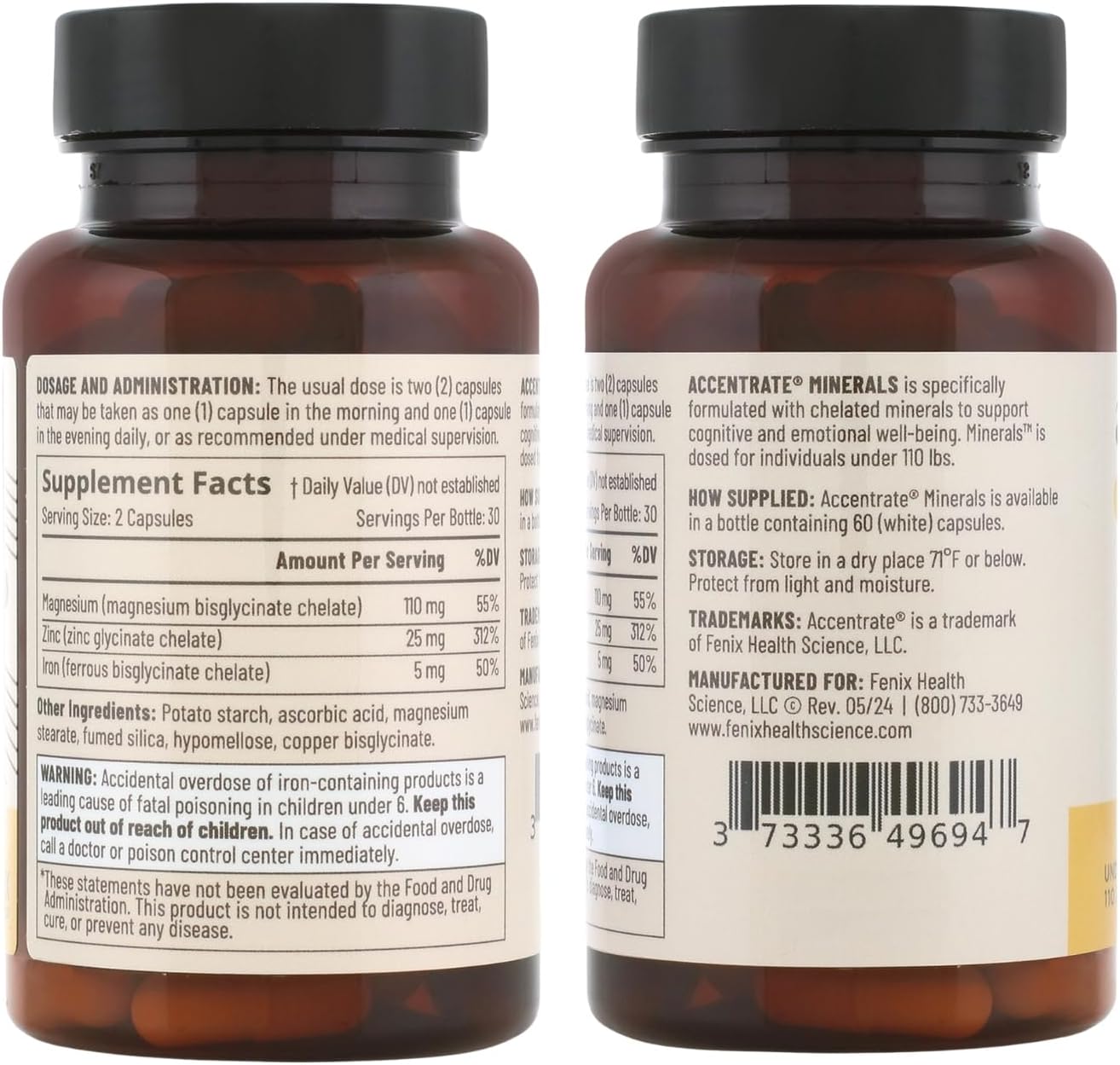 Accentrate Minerals - Magnesium Supplement for Kids – Chelated Magnesium Zinc Iron (Mg Zn Fe) – Mental Wellness Mineral Supplement for Focus, Mood & Brain Support – Bioavailable – 60 Capsules