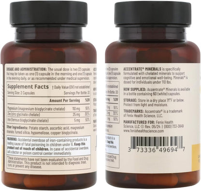 Accentrate Minerals - Magnesium Supplement for Kids – Chelated Magnesium Zinc Iron (Mg Zn Fe) – Mental Wellness Mineral Supplement for Focus, Mood & Brain Support – Bioavailable – 60 Capsules