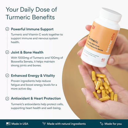Bettervits Turmeric Curcumin Supplement with Black Pepper and Boswellia Serrata | Organic 1000mg Turmeric Supplement for Enhanced Absorption and Vitamin C | Joint Support - Non-GMO | 60 Vegan Capsules