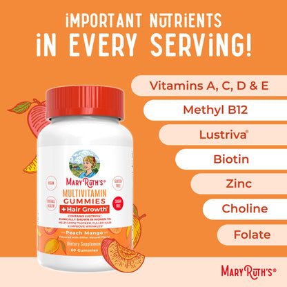 MaryRuth's Multivitamin + Hair Growth Gummies | with Lustriva® | Biotin 10000mcg | B Vitamins | Formulated for Thicker Hair, Wrinkles, Fine Lines, Skin Care | Ages 18+ | 30 Servings
