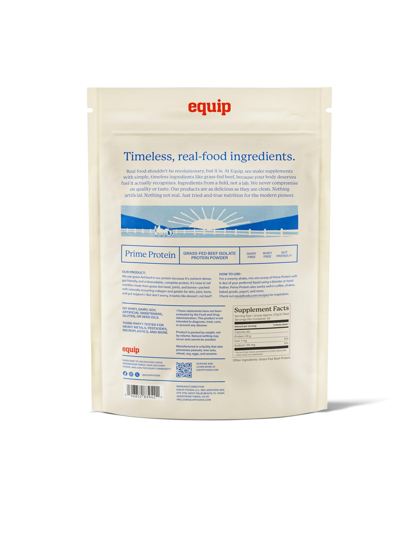 Equip Prime Chocolate Protein Powder - Gut-Friendly, No Sugar Protein Shake Powder with Grass-Fed Beef & Natural Collagen - Rich & Creamy Mix - 21g Per Serving - Whey & Dairy-Free (30 Scoops)