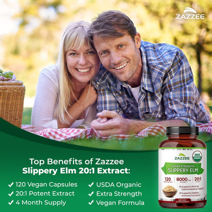 Zazzee USDA Organic Slippery Elm Bark 20:1 Extract, 120 Vegan Capsules, 4 Month Supply, Ulmus Rubra, Digestive, Throat & Mucosal Support, Herbal Supplement, All-Natural, Non-GMO, Made in the USA
