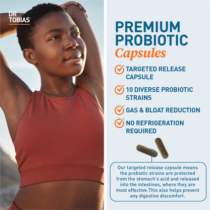 Dr. Tobias Probiotics 30 Billion CFU 30 Capsules | Gut Health Support | Daily Digestive Support | 10 Probiotic Strains | Targeted Release Probiotics for Women & Men | Shelf Stable | 30 Servings