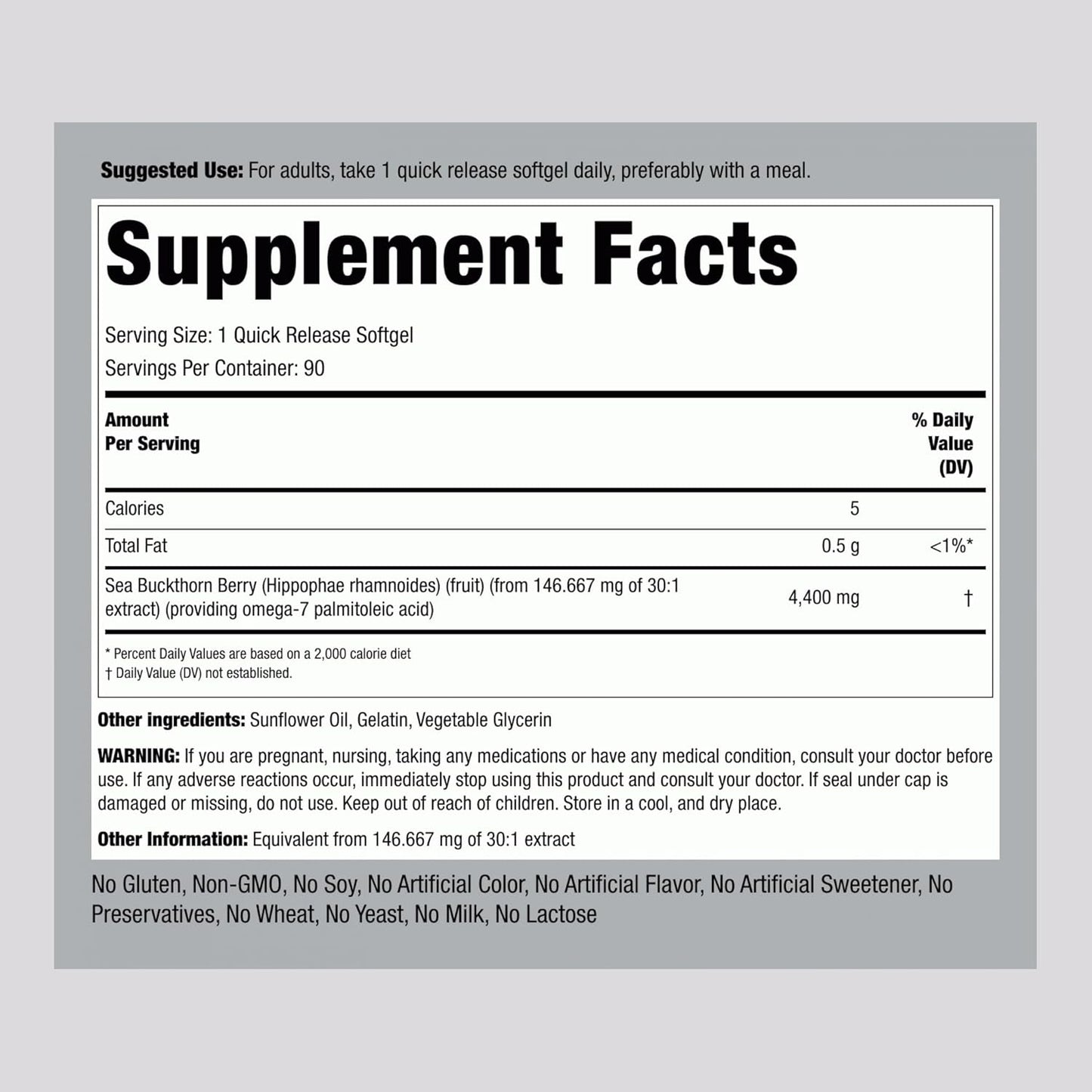 Piping Rock Sea Buckthorn Oil Capsules | 90 Softgels | Sea Buckthorn Berry Extract | With Omega-7 | Gluten Free, Non-GMO