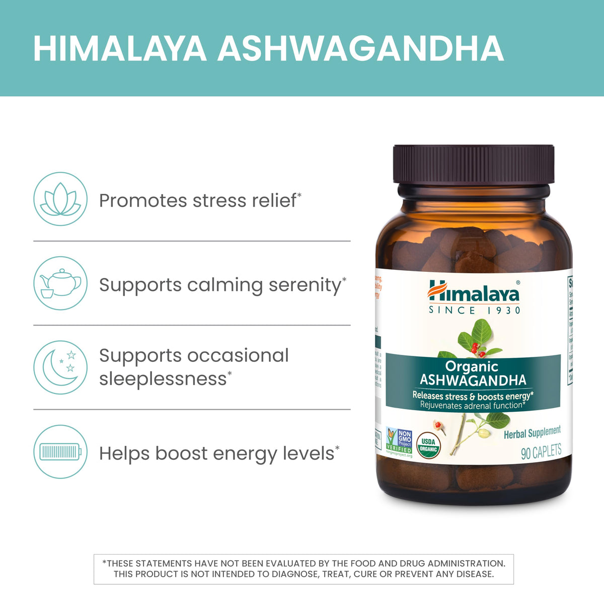 Himalaya USDA Organic Ashwagandha Root, 670 mg, 60 Day Supply, 60 Caplets