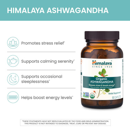 Himalaya USDA Organic Ashwagandha Root, 670 mg, 60 Day Supply, 60 Caplets