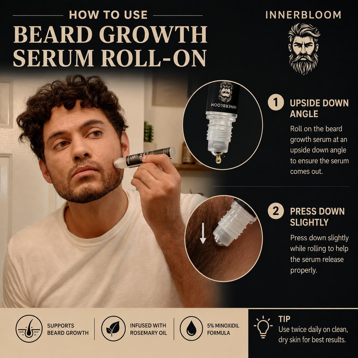Innerbloom Minoxidil 5% Beard Growth Roll-On, Beard Growth Roller with Rosemary Oil Ultra Portable Mustache Growth