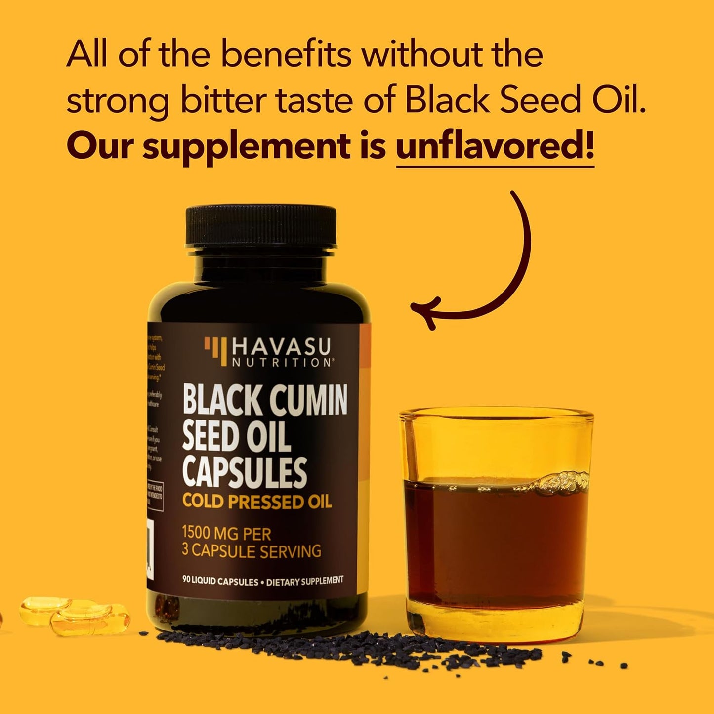 Black Seed Oil Capsules, Vegan, Non-GMO, Cold-Pressed Nigella Sativa, 90ct | 1500mg Per Serving Black Cumin Supplement for Skin Health, Immune Function, and Digestive Health, Unflavored, 30 Servings