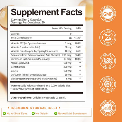 Alpha Lipoic Acid 600mg with Benfotiamine 300mg - ALA Supplement for Antioxidant, Nerve Health, Energy & Metabolism Support, Cell Energy, Neuropathy Supplement, Anti-Aging, Non-GMO, Gluten Free, Vegan
