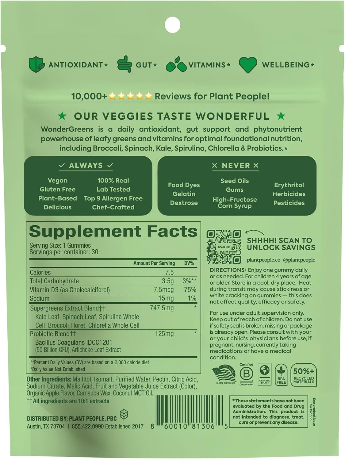 Plant People WonderGreens Kids Super Veggie Gummies, Green Apple, 30 Count