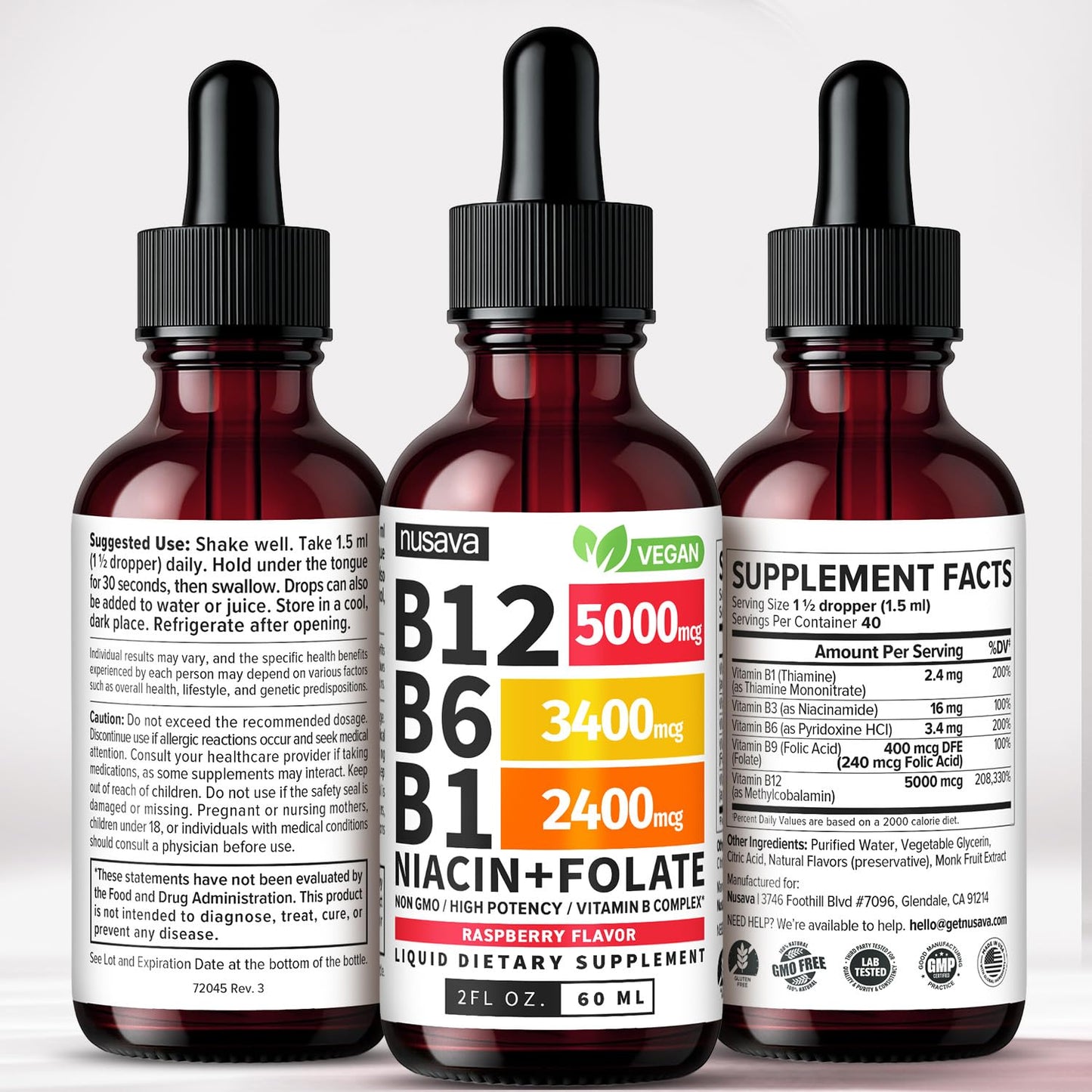 NUSAVA (2 Pack) Vitamin B12 Liquid Drops with B6, B1, Niacin & Folate — B12 Sublingual Vitamin B Complex, Methylcobalamin 5000 mcg, for Energy, Brain & Heart Support, Raspberry Flavor, 80 Servings