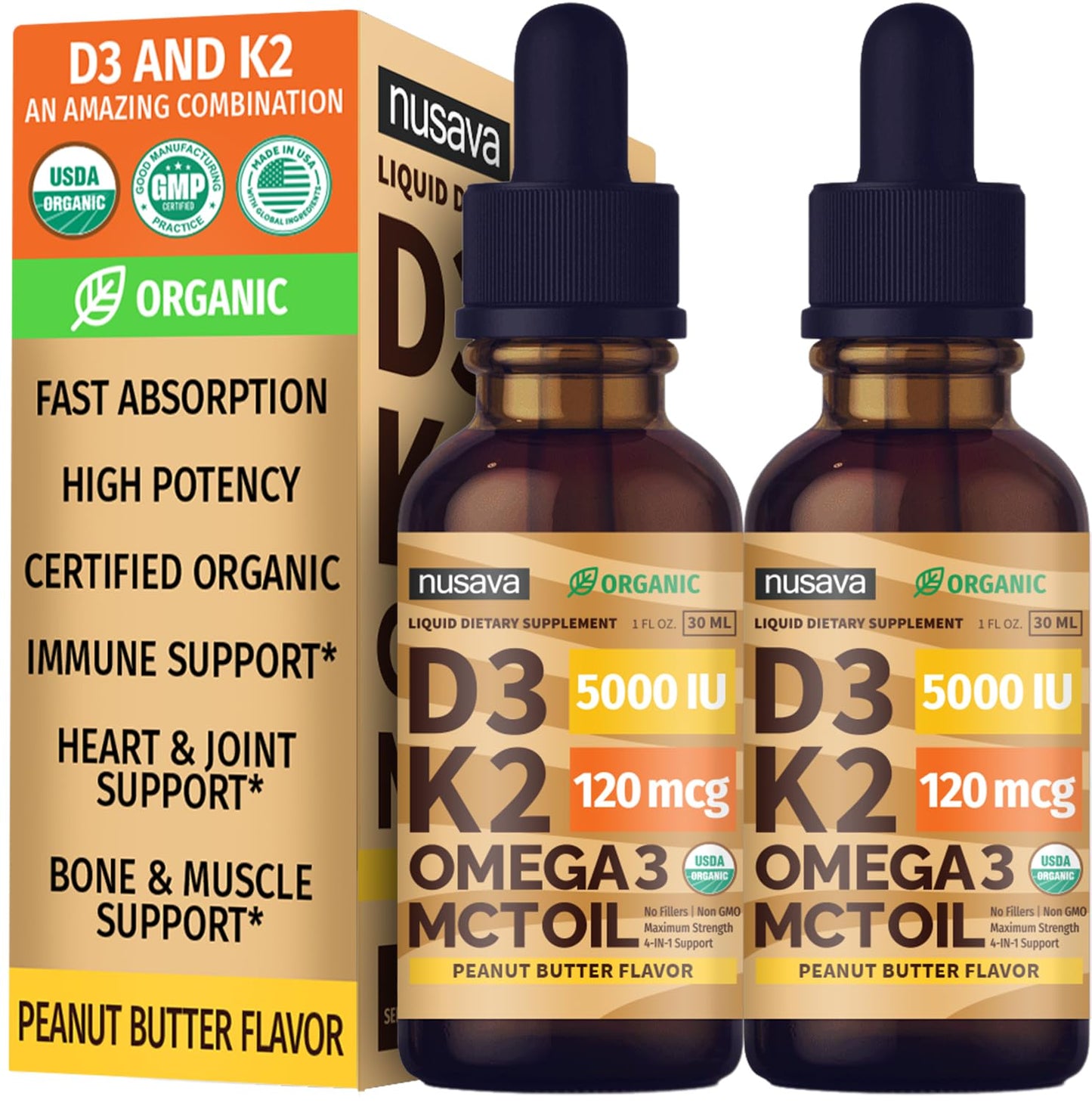 (2 Pack) Organic Vitamin D3 K2 Drops with MCT Oil & Omega 3 - Liquid Vitamin D3 5000 IU - K2 D3 Vitamin Supplement - Vitamin D Drops for Women & Men - No Fillers, Non-GMO, GMP, Unflavored (2 Fl Oz)