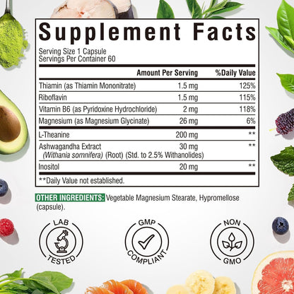 Vitalibre L Theanine Supplement 200mg | 7 in 1 L-Theanine with Magnesium Glycinate, Ashwagandha, Inositol, Vitamin B1 B2 B6 | No Gluten, for Calm, Relaxation, Sleep & Focus Support, 60 Vegan Caps