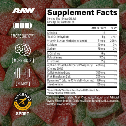 RAW Pre-Workout Powder, Essential CHARGED (Sour Watermelon) - Preworkout Supplement for Men & Women - Supports Focus, Mood & Performance - Caffeine, Alpha-GPC, L-Citrulline, Beta Alanine (25 Servings)