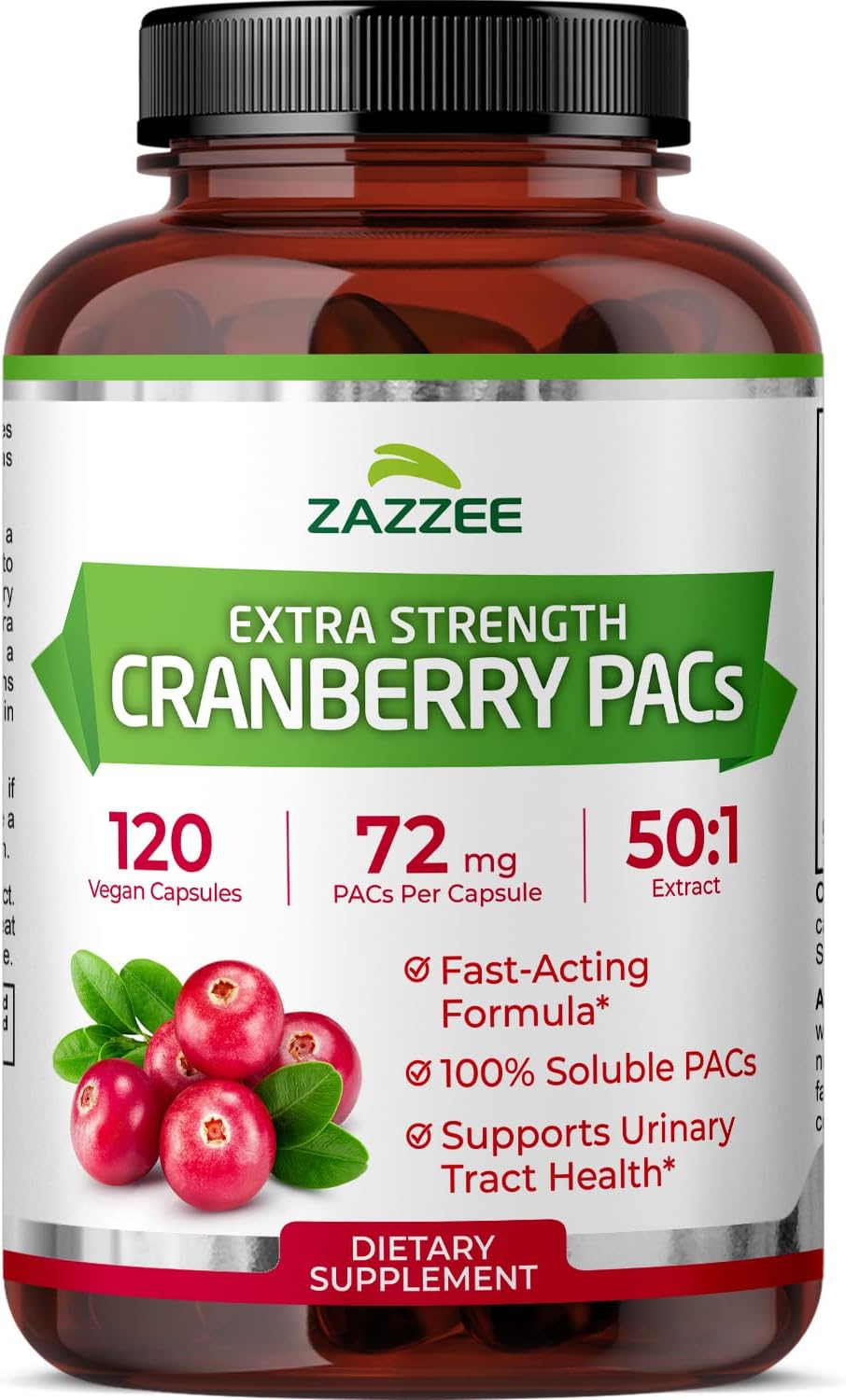Zazzee Cranberry PACs 72 mg per Capsule, 50:1 Extract, 120 Vegan Capsules, 2X Strength, 4 Month Supply, Fast-Acting, Effective Urinary Tract & Bladder Support, 100% Soluble PACs, Made in the USA