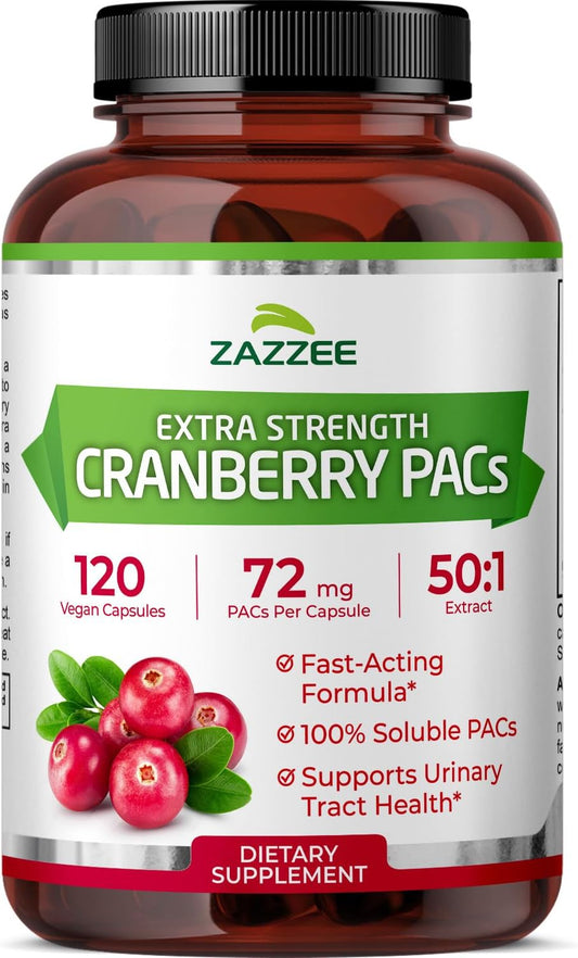 Zazzee Cranberry PACs 72 mg per Capsule, 50:1 Extract, 120 Vegan Capsules, 2X Strength, 4 Month Supply, Fast-Acting, Effective Urinary Tract & Bladder Support, 100% Soluble PACs, Made in the USA