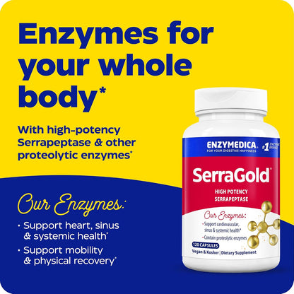 Enzymedica SerraGold - High Potency Serrapeptase Enzyme Supplement for Men & Women, Serrapeptase 100,000 SPU for Adults, Supports Sinus & Respiratory Health, Heart & Immune Function - 120 Capsules