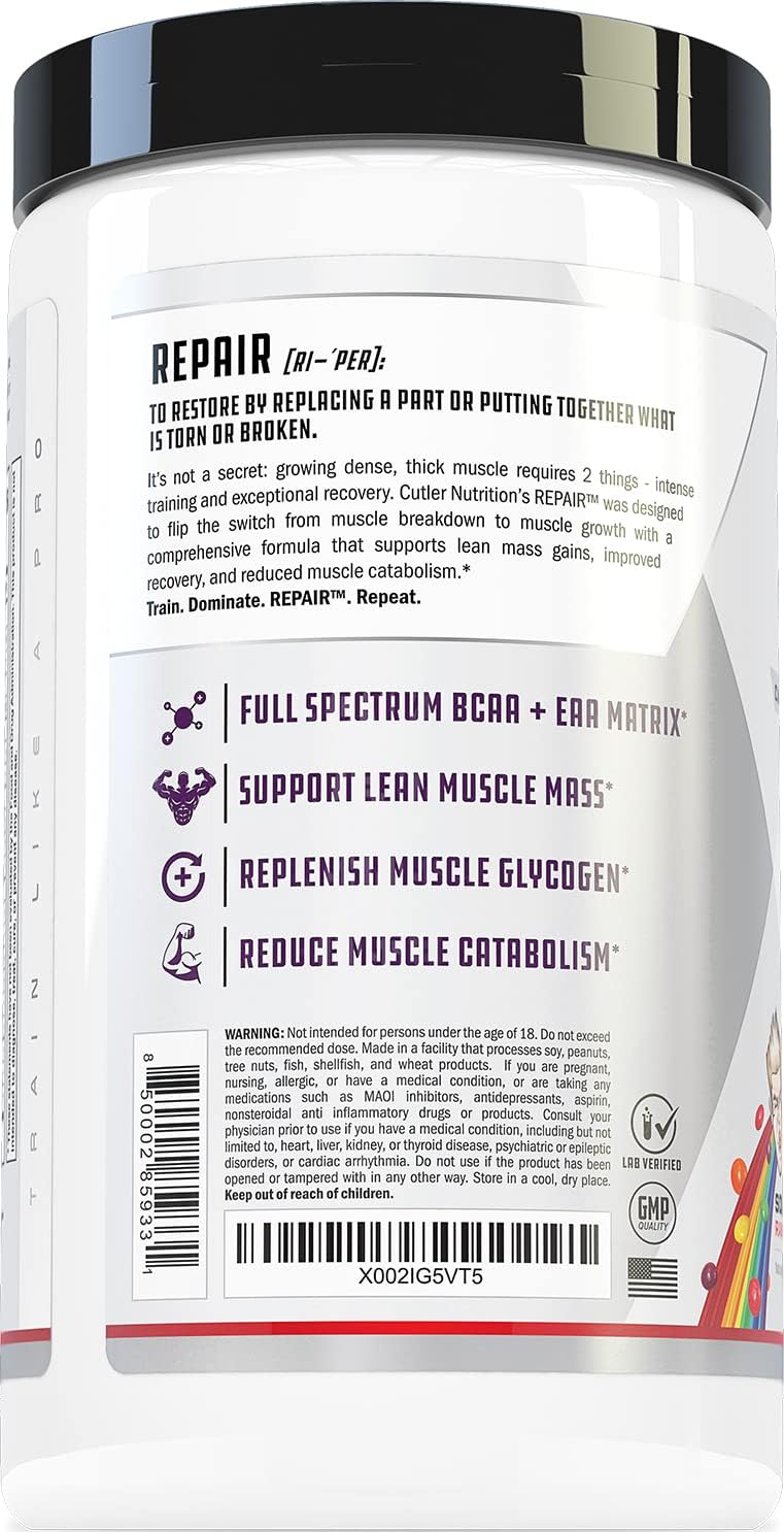 Cutler Nutrition Repair Sour Rainbow Candy Recovery Powder, 20 Servings | 19.75 oz | 15g Fast-Absorbing Carbs from Waxy Maize and Cluster Dextrin, plus 5g BCAAs and 2g EAAs for Muscle Recovery