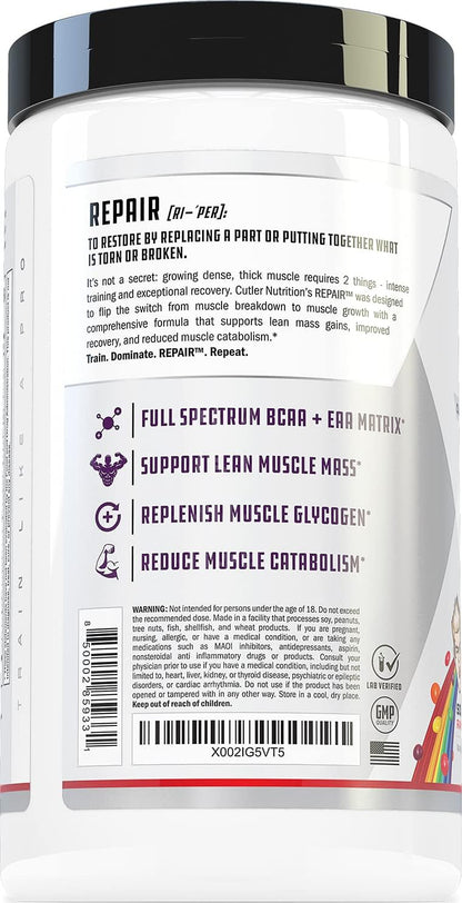 Cutler Nutrition Repair Sour Rainbow Candy Recovery Powder, 20 Servings | 19.75 oz | 15g Fast-Absorbing Carbs from Waxy Maize and Cluster Dextrin, plus 5g BCAAs and 2g EAAs for Muscle Recovery