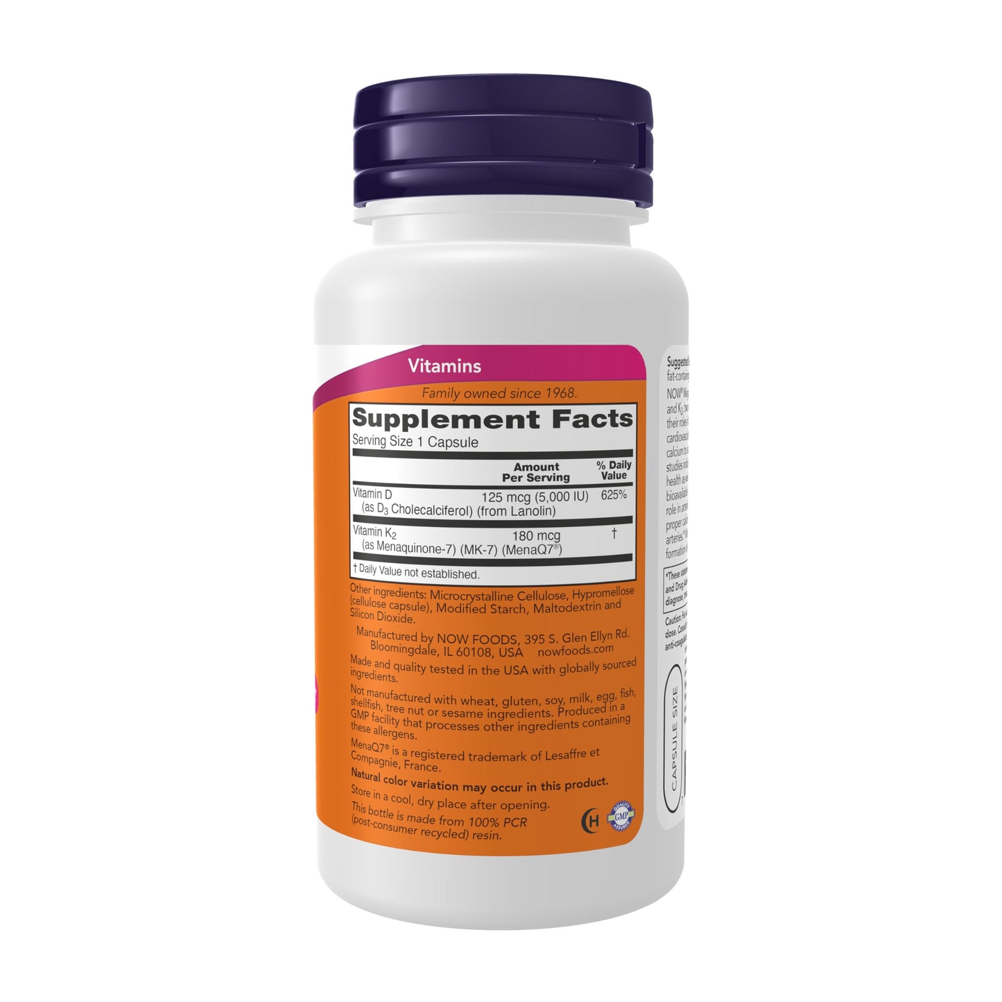 NOW Foods Supplements, Mega D-3 & MK-7 with Vitamins D-3 & K-2, 5,000 IU/180 mcg, Bone & Cardiovascular Support*, 60 Veg Capsules