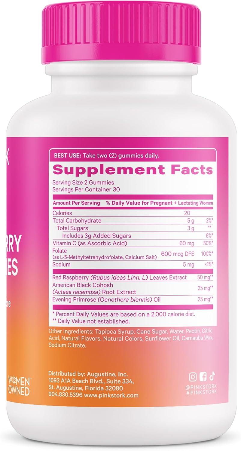 Pink Stork Red Raspberry Leaf Gummies for Labor Prep, 60 Count | Evening Primrose Oil + Black Cohosh, Pregnancy + Postpartum Mood Essentials, Vegan, Non-GMO