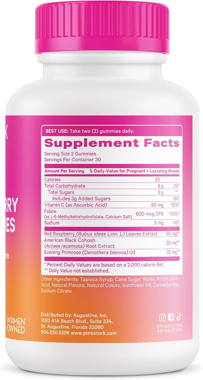 Pink Stork Red Raspberry Leaf Gummies for Labor Prep, 60 Count | Evening Primrose Oil + Black Cohosh, Pregnancy + Postpartum Mood Essentials, Vegan, Non-GMO