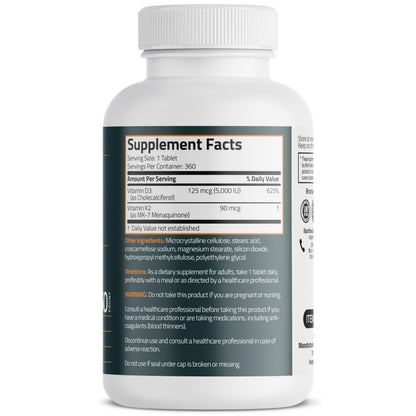 Bronson Vitamin K2 D3 (MK7) Supplement 2-in-1 D3 & K2 Complex, 120 Tablets | Bone, Immune & Heart Health Support, Gluten-Free, Soy-Free, Non-GMO, Vitamin D3 5000 IU (125 mcg) & 90 mcg K2 MK-7