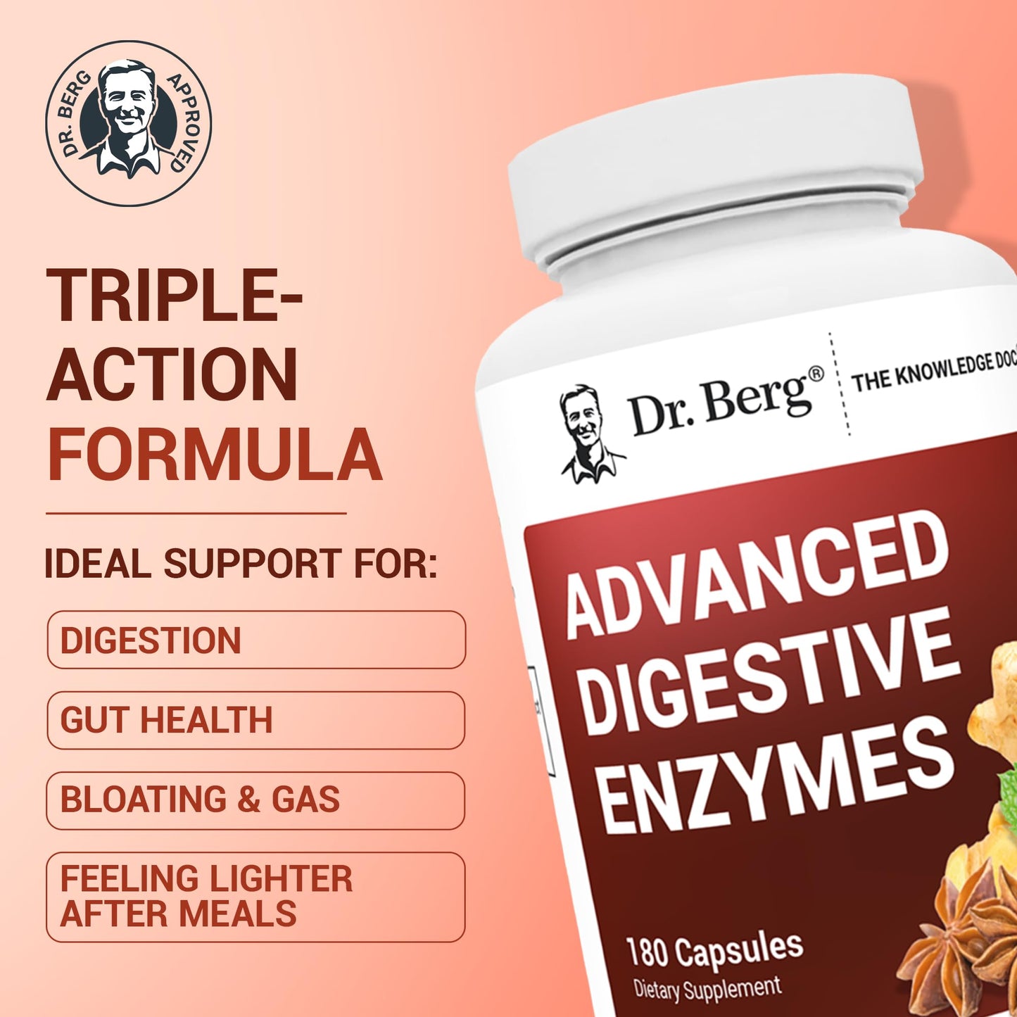 Dr. Berg Advanced Digestive Enzymes with Apple Cider Vinegar - Includes Digestive Health Ingredients Like Betaine Hydrochloride (HCI), Ginger Root & Peppermint Leaf - 180 Capsules