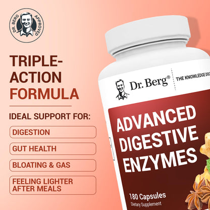 Dr. Berg Advanced Digestive Enzymes with Apple Cider Vinegar - Includes Digestive Health Ingredients Like Betaine Hydrochloride (HCI), Ginger Root & Peppermint Leaf - 180 Capsules
