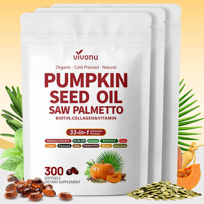 VivoNu Pumpkin Seed Oil with Saw Palmetto Capsules | 4500mg | 300 Count| 33 in 1 Vitamin C D3 B12 E A, Castor, Zinc, Biotin, Iron, Peppermint | Hair Growth & DHT Blocker for Women Men | 300 Count| 33 in 1 Vitamin C D3 B12 E A, Castor, Zinc, Biotin, Iron,