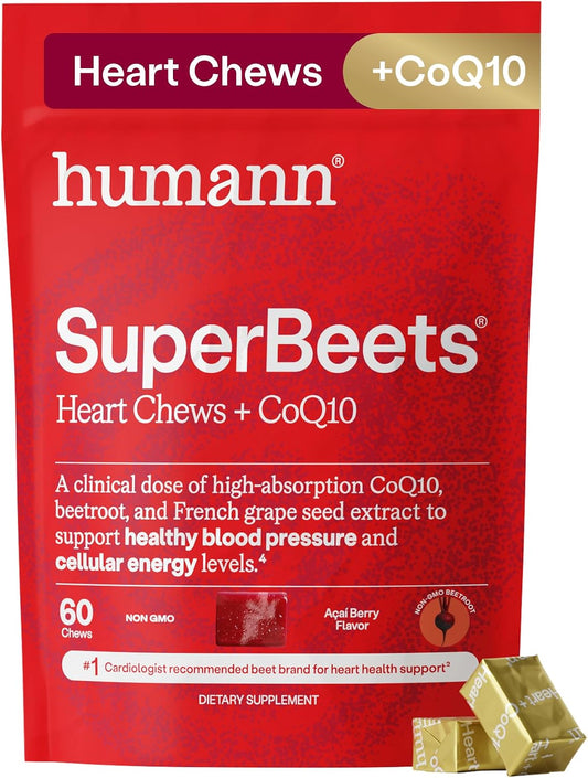 HumanN SuperBeets 3-in-1 Heart Chews - 3X Absorption CoQ10 - Plus Beetroot & Grape Seed Extract, Blood Pressure Support, Support Healthy Blood Flow, Circulation, 60 Count