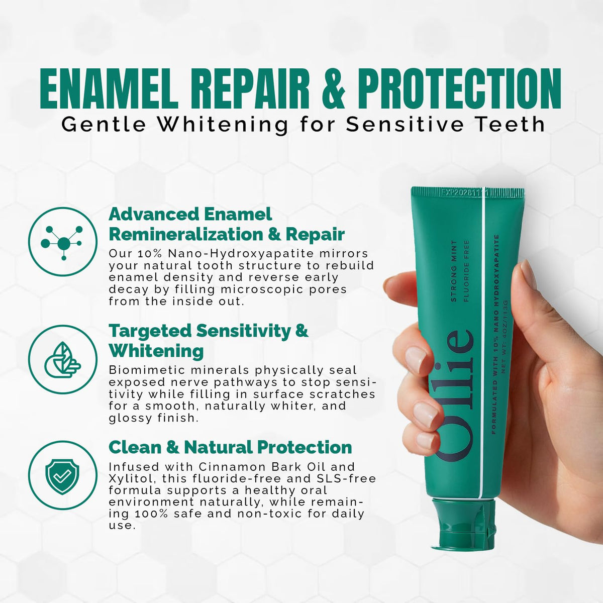 Ollie Fluoride Free 10% Nano Hydroxyapatite Toothpaste, Clean Mint, 1 Pack
