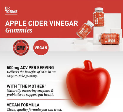 Dr. Tobias Apple Cider Vinegar Gummies with The Mother 60 Count | Digestive & Daily Wellness Support | 500 mg ACV | Folate + B6 + B12 + Iodine | Vegan | 30 Servings