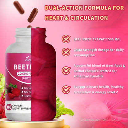 VivoNu Beetroot Capsules | Beet Root Supplement* 2,000 mg of Beet Root Powder, Enriched with CoQ10 and Grape Seed Extract，Healthy sBlood Pressure Levels and sCardiovascular* Wellness