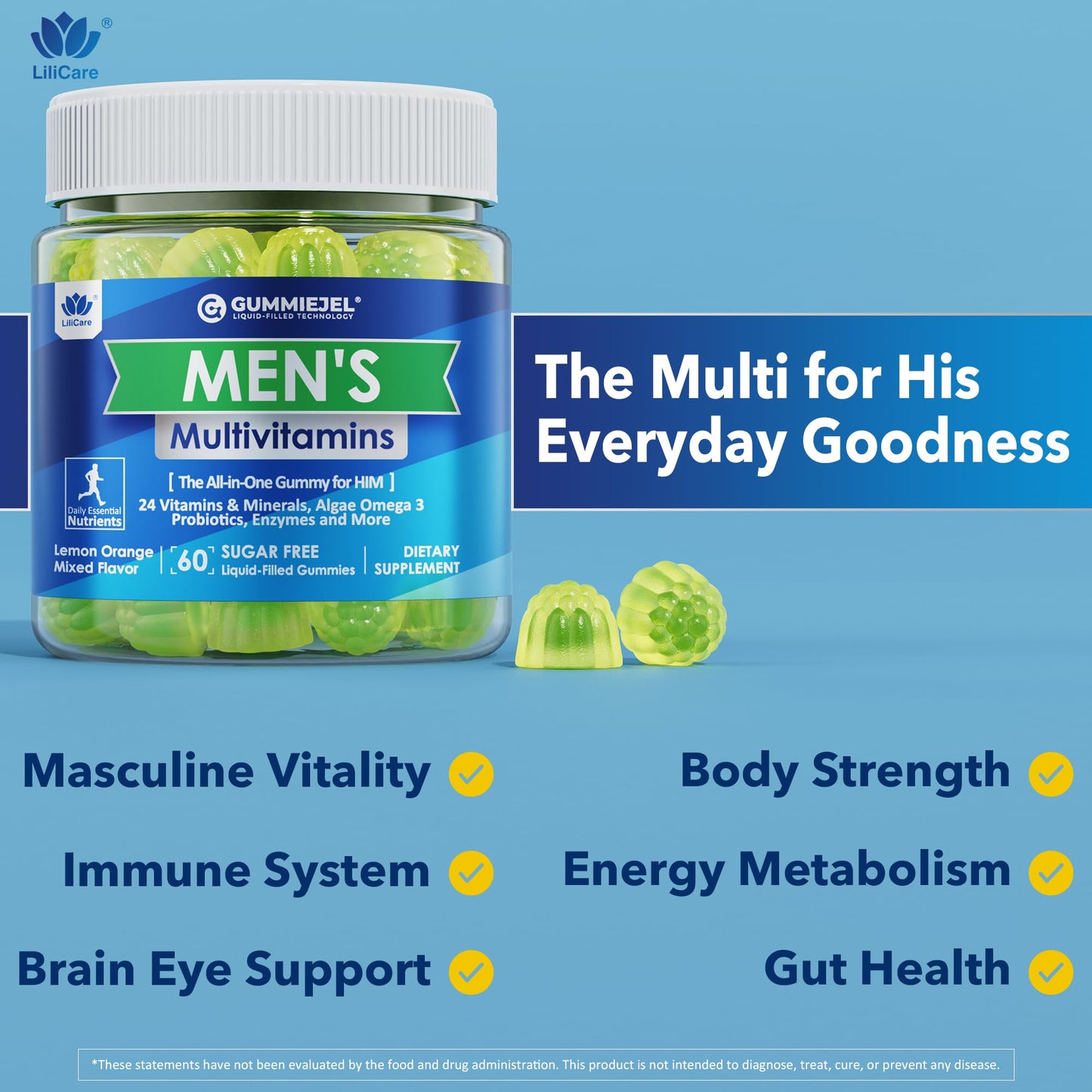 Mens Multivitamins Gummies, Methylated Multivitamin for Men, B Complex, Minerals, Vegan Omega 3, Probiotic, Enzyme, Antioxidants for Men's Complete Daily Support, Sugar Free, Vegan (No Iron) 60 Counts
