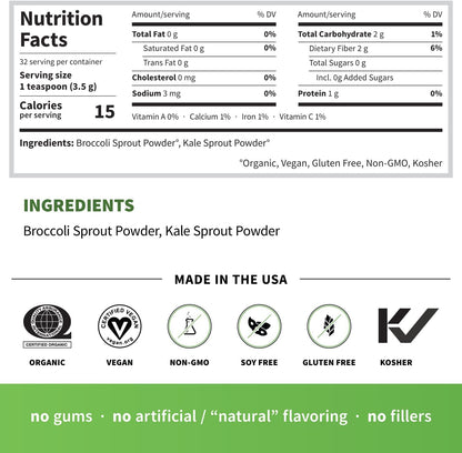 Sprout Living Broccoli and Kale Organic Sprout Mix, Freeze Dried Superfood Greens Powder, 100% Pure, Vegan, Non-GMO, Gluten Free (4 ounces, 32 servings)