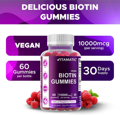 Vitamatic Biotin Gummies 10,000 mcg, 60 Vegan Gummies, Raspberry Flavor | 10000 mcg Per Serving, Natural Raspberry Flavor, Pectin Based, Non-GMO, Gluten Free, GMP Certified