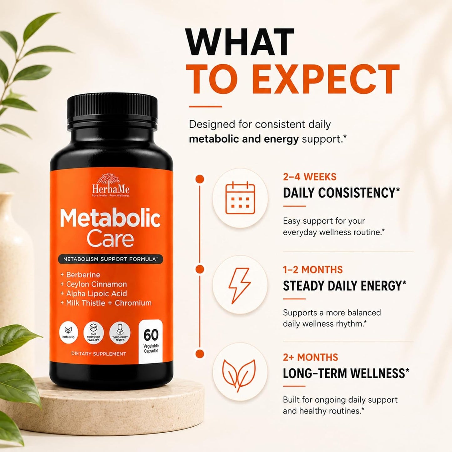 HerbaMe Berberine Supplement with Ceylon Cinnamon, Chromium, Alpha Lipoic Acid, Metabolic Care Supports Metabolism & Cardiovascular Health and Immune System, Helps Maintain Steady Energy Levels