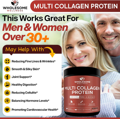 Wholesome Wellness Digestive Enzymes 1000MG Plus Prebiotics & Probiotics Supplement + Multi Collagen Protein Powder Hydrolyzed (Type I II III V X) Bundle