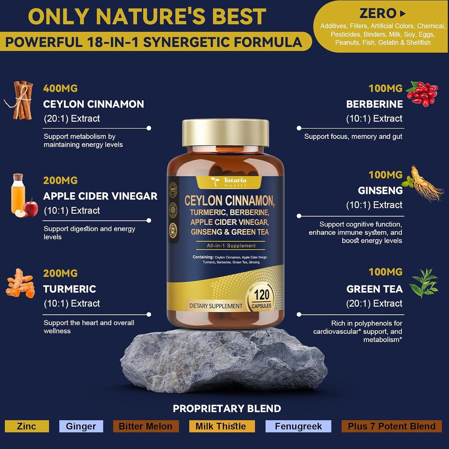 Totaria 18-in-1 Organic Ceylon Cinnamon Capsules with Berberine, Ceylon Cinnamon Supplement w/Apple Cider Vinegar Turmeric Bitter Melon Milk Thistle, for Metabolism, Energy, Heart*, 120 Counts