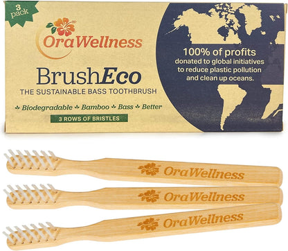 OraWellness BrushEco Bamboo Toothbrush, 3 Rows, Wooden Toothbrush