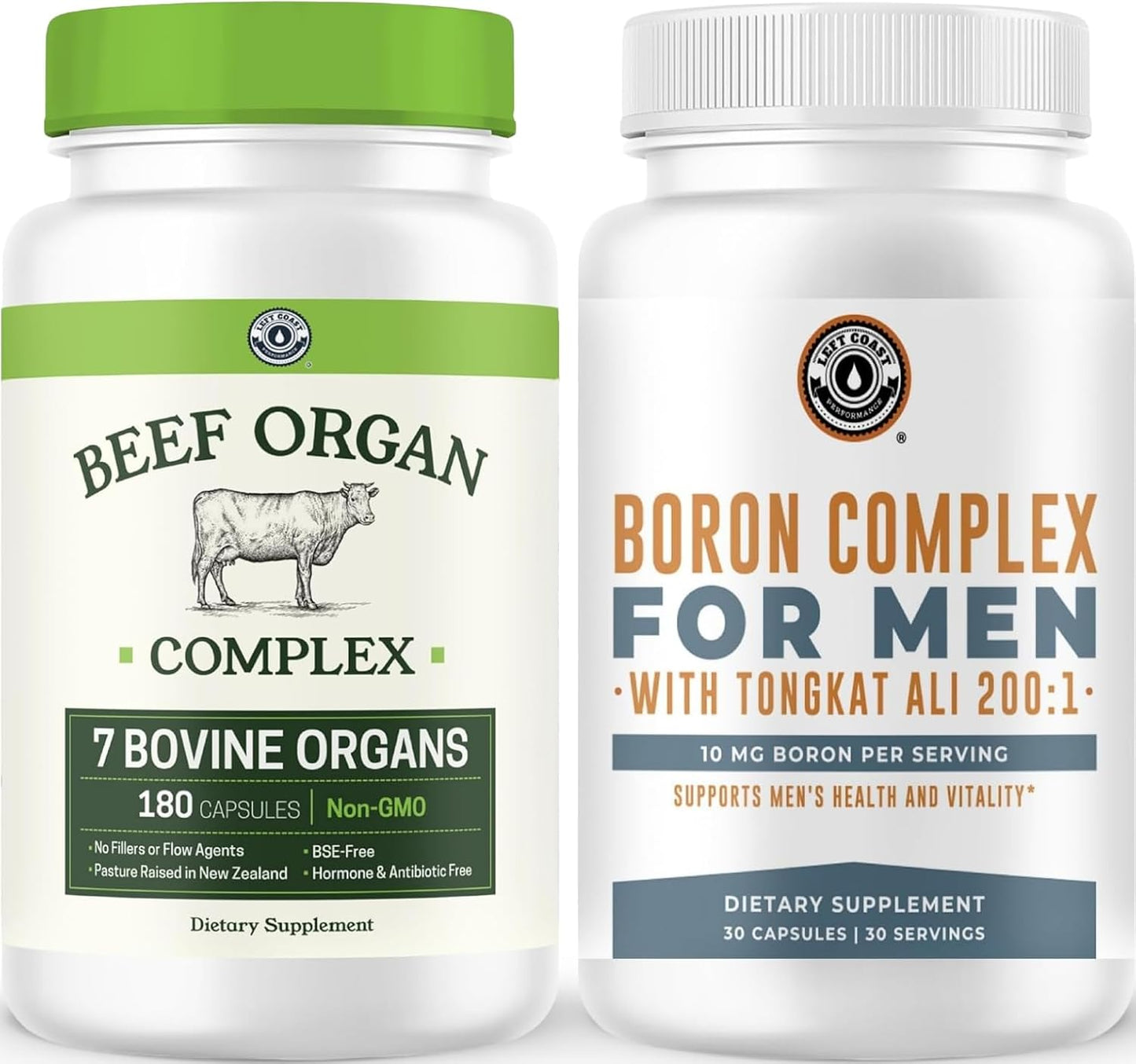 Left Coast Performance Boron Supplement for Men & Beef Organ Supplement - Testosterone Boosting Bundle for Men's Gut Health Energy Hormone Balance and Immune Support