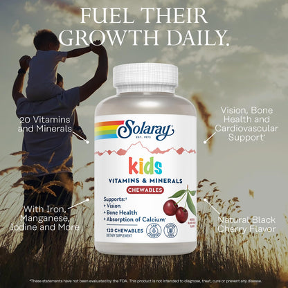 SOLARAY Kid's Vitamins & Minerals, Multivitamin for Kids - Bones, Vision, Heart Health Support w/Vitamin C, Vitamin D and B2, Iron - Gluten Free, 120 Black Cherry Chewables, 60 Servings