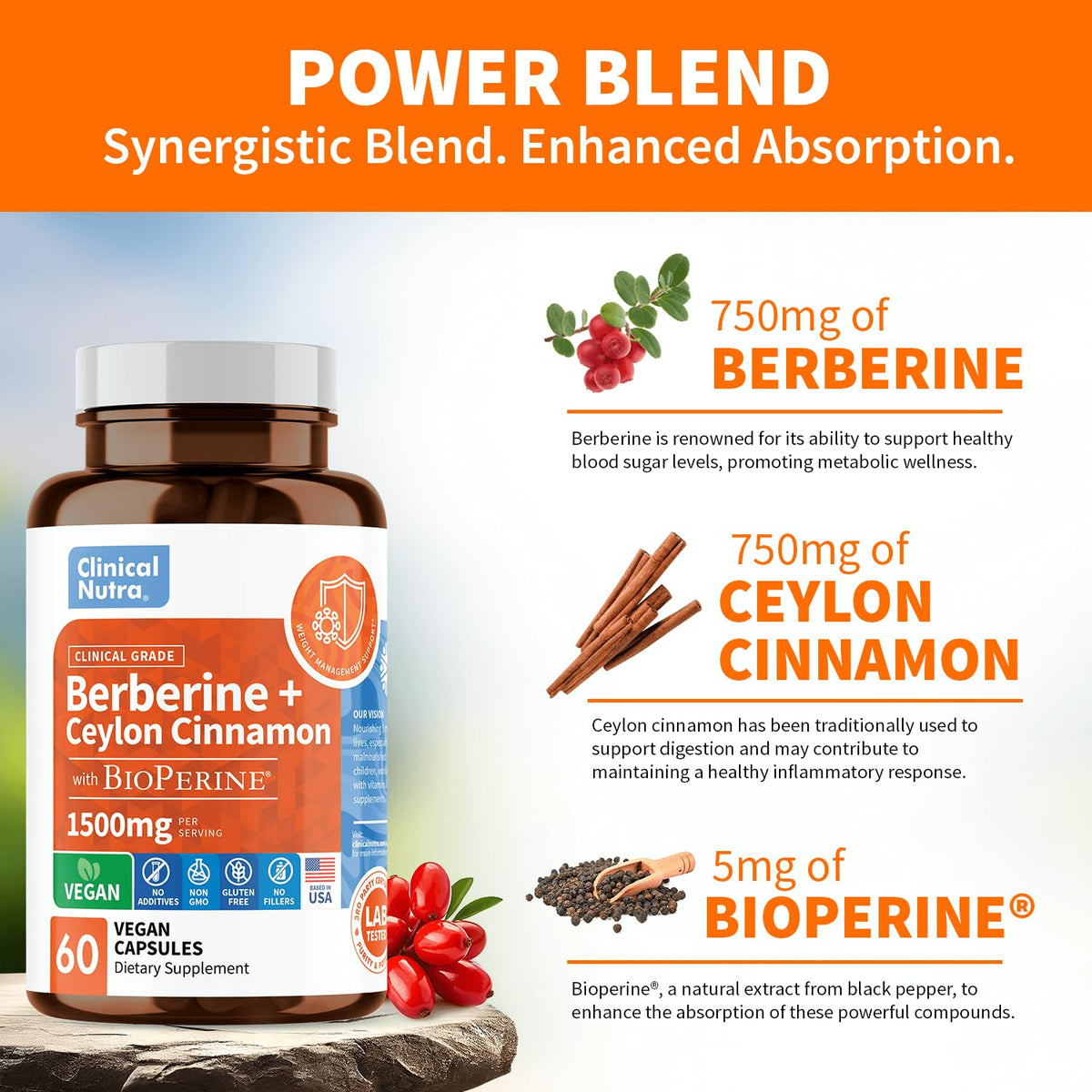 Clinical Grade Berberine Supplement 1500mg HCL Plus Ceylon Cinnamon Weight Managemen